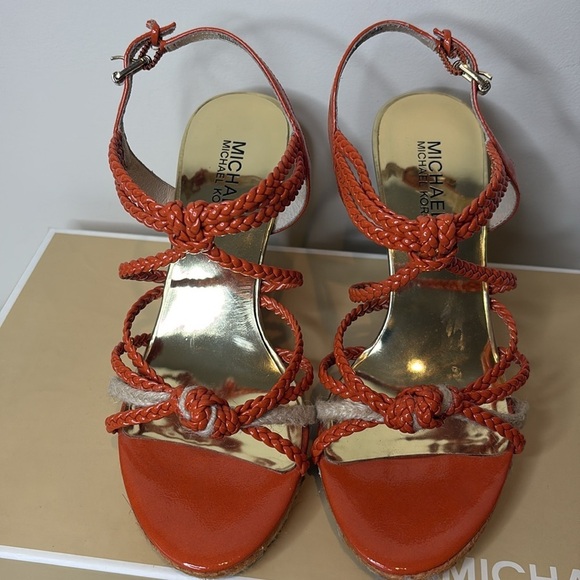Michael Kors | Spring Orange Summer Wedge Knotted Braided Strappy Sandals 6.5 M - Picture 7 of 17